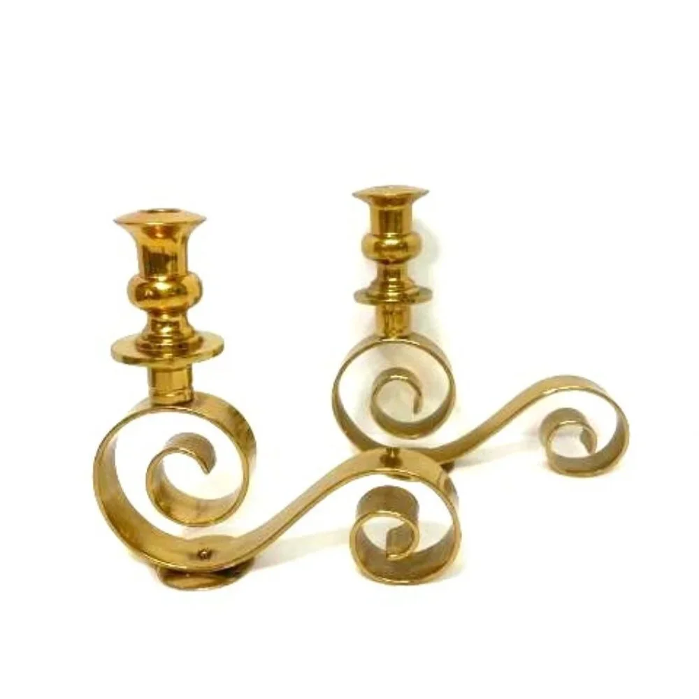 Vintage Pair Brass Scroll Candlestick Candle Holders‎ Taper Dinner